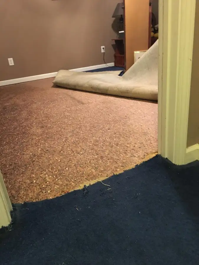 Carpet pad removal revealing water damage during Water Mitigation Services in Attalla